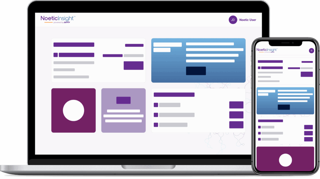 NoeticInsight platform interface shown on a laptop and a smartphone side by side.